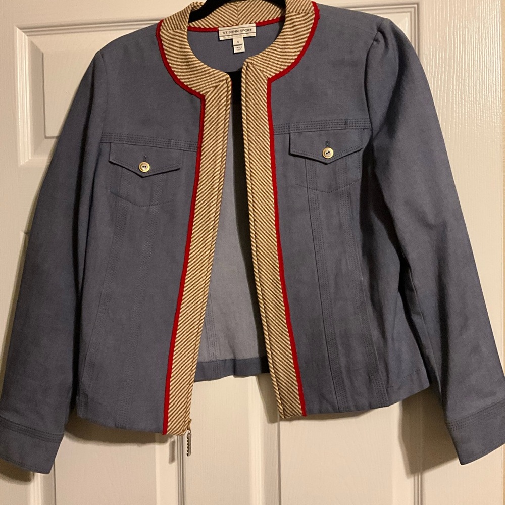 Chic Blue Jacket with Red and Gold Accents